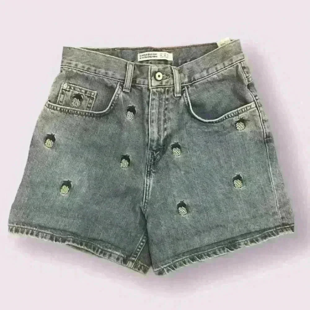 Zara High Waisted Denim Shorts Blue Pineapple Embroidery‎ Size 2